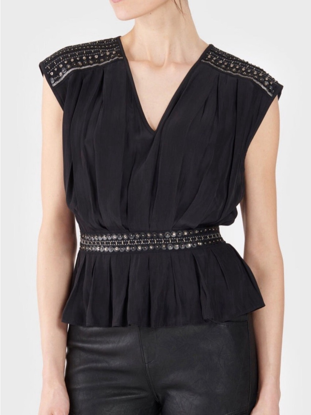 Ramy Brook Black Stud-Embellished Peplum V-Neck Blouse